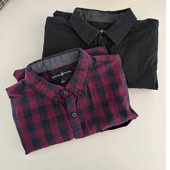 Set/2 Beverly Hills Polo Club L button shirts collared plaid black longsleeve - Picture 11 of 11